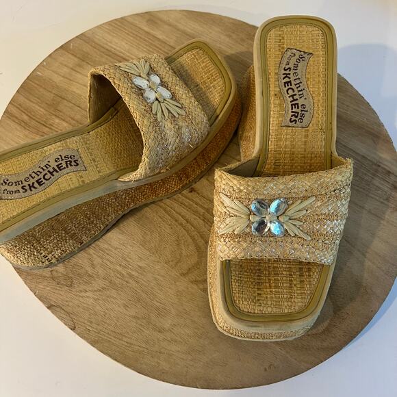 Skechers Y2K Wicker Square Toe Wedge Heel Embellished Sandal Shoe Size 6 - Picture 1 of 11